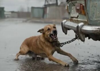 Full rescue here: T0609006_A helpless dog was trapped in heavy rain, chained to an old car