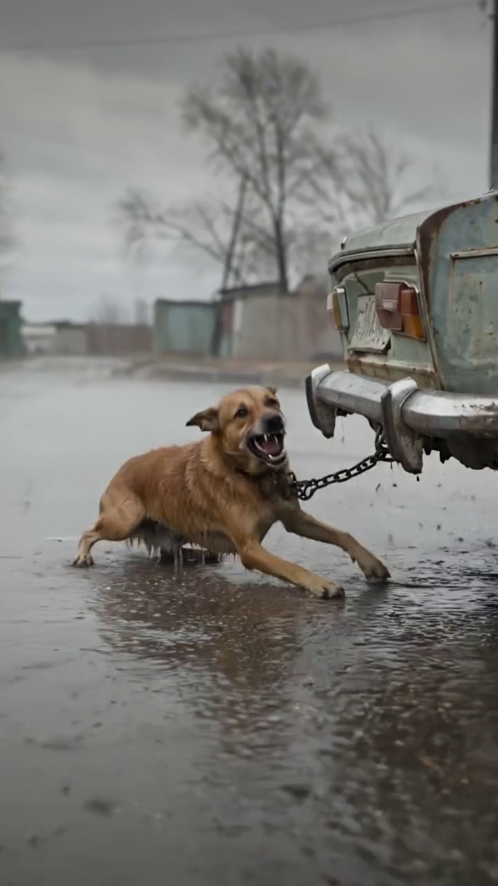 Full rescue here: T0609006_A helpless dog was trapped in heavy rain, chained to an old car